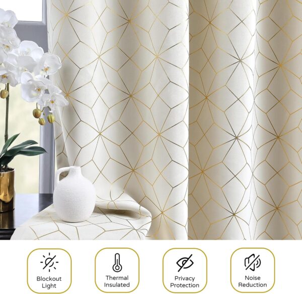 Beauoop 100% Blackout Curtains 84 Inches Long for Bedroom Living Room Moroccan Gold Patterned Drapes Thermal Insulated Grommet Top Window Treatment Panels Set of 2, Beige/Gold - Image 6