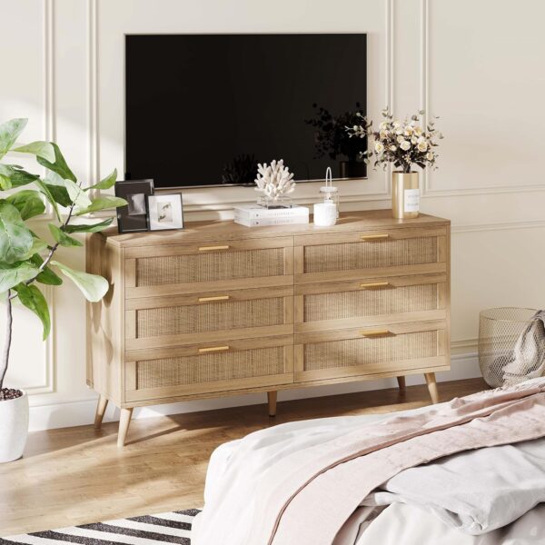 Rovaurx 6 Drawer Double Dresser for Bedroom, Rattan Chest of Dressers, Modern Wooden Dresser Chest with Golden Handles, Beside Table for Closet, Living Room and Entryway, Natural RDG001M - Image 3