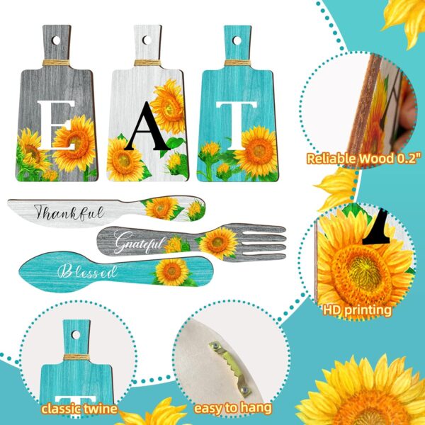 Set of 6 Sunflower Kitchen Decor Cutting Boards Dining Eat Signs Forks and Spoons Hanging Wooden Kitchen Wall Decor Dining Room Hanging Signs Rustic Farmhouse Kitchen Wall Art Decor (Gray，White，Blue) - Image 5