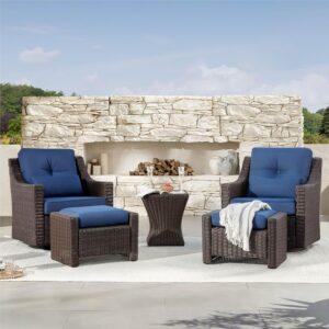 CHITA 5 Pieces Wicker Patio Furniture Set, Outdoor Conversation Set with 2 Pieces Rocking Swivel Chairs, 2 Pieces Ottomans and Side Table, Blue Cushions with Chestnut Wicker