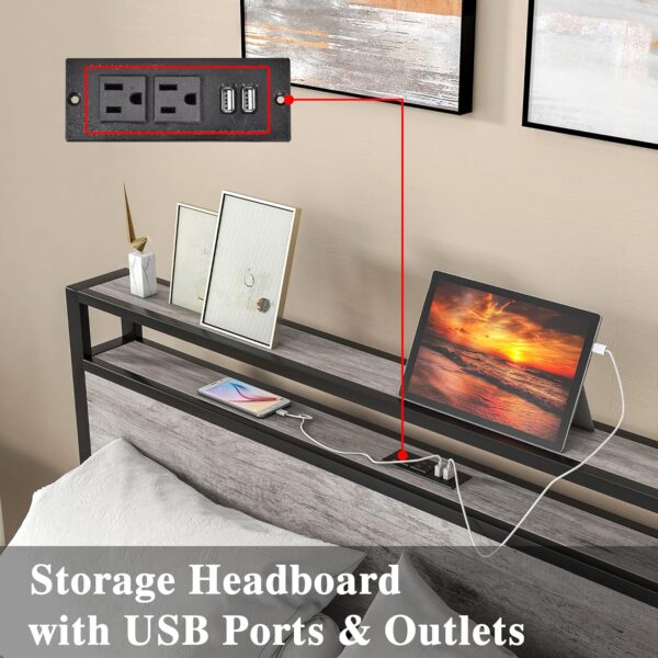 HOJINLINERO Full Size Bed Frame with Storage Headboard/USB Charging Station,Metal Platform Bed Frame Full Size No Box Spring Needed,Noise-Free,Strong Steel Slats Support,Warm Grey - Image 5