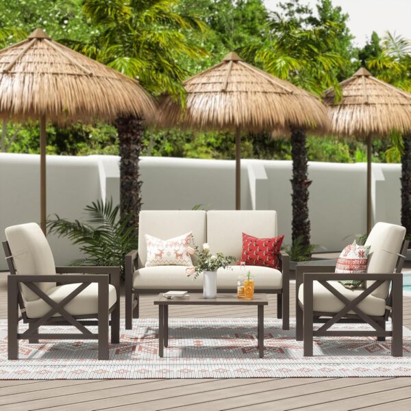 NATURAL EXPRESSIONS 4 Pieces Patio Furniture Sets,Outdoor Sectional Metal Furniture Set Metal Conversation Set with Loveseat Chair,2 Single Chairs 1 Metal Table,6.5" Beige Cushions for Yard,Garden