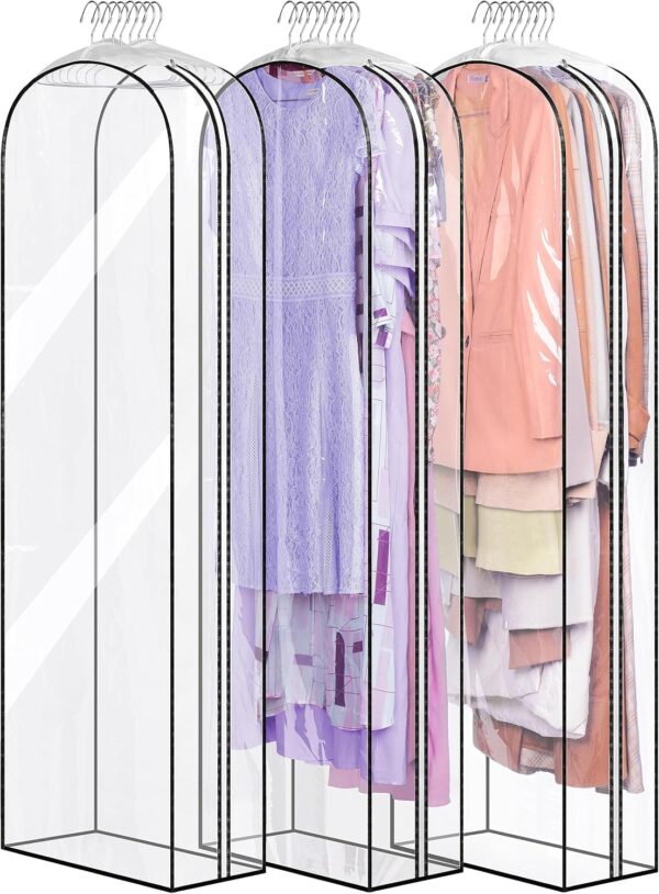 MISSLO 10" Gusseted All Clear Garment Bags for Hanging Clothes 60" Dress Bags for Gowns Long Hanging Clothes Bag for Closet Dress Cover for Coats, 3 Packs