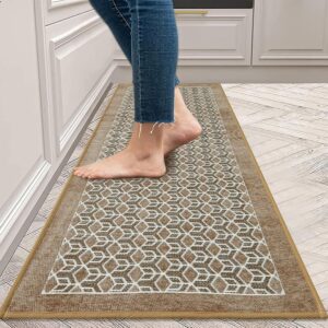 KIMODE Kitchen Mtas 20"x47",Non-Slip Washable Farmhouse Kitchen Runner Rugs,Absorbent Khaki Kitchen Mats for Floor Front of Sink,Beige Standing Mats for Hallway/Laundry Room