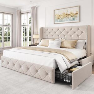 Queen Size Bed Frame with 4 Storage Drawers and Tufted Headboard Linen Upholstered Platform Bed Frame Wingback Beds with Wooden Slats Support, Easy Assembly, Beige