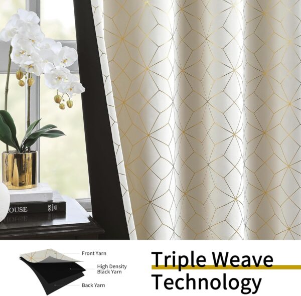 Beauoop 100% Blackout Curtains 84 Inches Long for Bedroom Living Room Moroccan Gold Patterned Drapes Thermal Insulated Grommet Top Window Treatment Panels Set of 2, Beige/Gold - Image 4