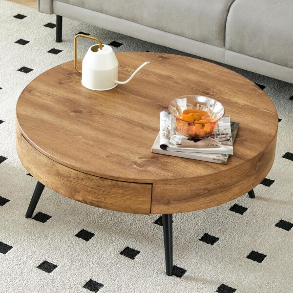 Wooden Coffee Table Modern Rectangular Coffee Table Rustic Center Table with Metal Leg for Living Room Reception Room Office (Brown (Drawer), Round) - Image 4