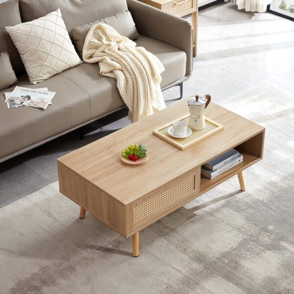 Boho Coffee Table for Living Room, 41.3" Rattan Coffee Table with Sliding Doors & Open Storage Shelf, Mid-Century Center Table for Small Space, Natural - Image 4