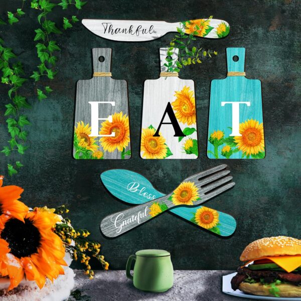 Set of 6 Sunflower Kitchen Decor Cutting Boards Dining Eat Signs Forks and Spoons Hanging Wooden Kitchen Wall Decor Dining Room Hanging Signs Rustic Farmhouse Kitchen Wall Art Decor (Gray，White，Blue) - Image 2