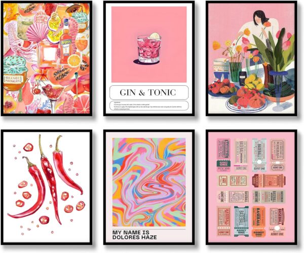 Luodroduo Retro Wall Art Prints Set of 6 Aesthetic Gallery Pink Preppy Posters Trendy Maximalist Eclectic Canvas Funky Retro Coquette Wall Decor for Living Room Bedroom Corridor (D, 8"x10" UNFRAMED)