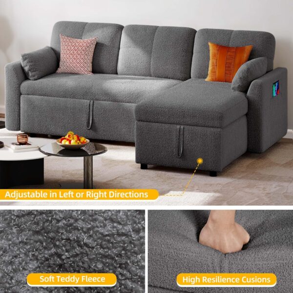 YITAHOME 86" Sleeper Sofa, 2 in 1 Convetible Sofa Bed with Pull Out Couch Bed and Storage Chaise,L-Shape Sectional Sofa for Living Room, Teddy Fleece, Grey - Image 5