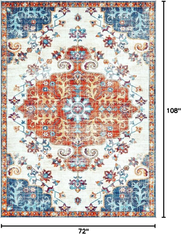 Area Rug 6x9 Living Room Rugs - Large Washable Vintage Floral Boho Area Rug Non-Slip Bedroom Rug Soft Low-Pile Oriental Indoor Carpet for Dining Room Office Nursery (OrangeNavy, 6'x9') - Image 2