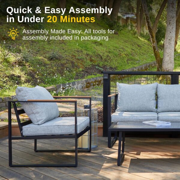 EAST OAK Patio Furniture Set, 4-Piece Outdoor Patio Set with Sofa, Removable & Washable Deep Seating Cushion, Tempered Glass Table, Outside Patio Conversation Sets, Light Gray & Black - Image 5