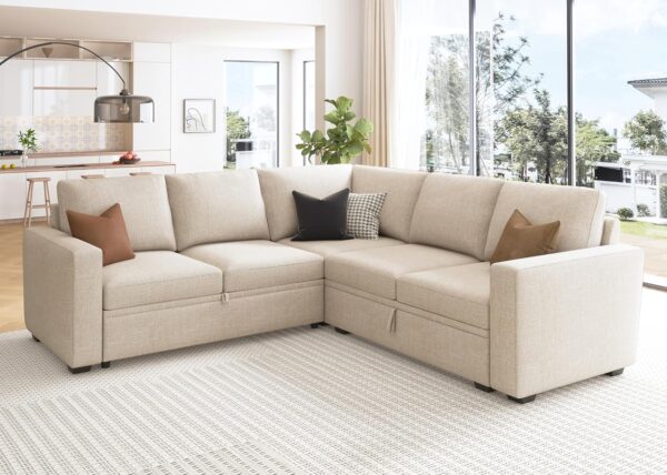 HONBAY Modular Sectional Sleeper Sofa with Pull Out Bed, L Shaped Sectional Couch with Storage Seat, Convertible Sectional Couches for Living Room, Beige - Image 6