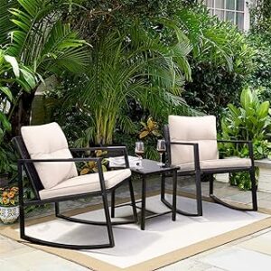Greesum 3 Pieces Rocking Wicker Bistro Set, Patio Outdoor Furniture Conversation Sets with Porch Chairs and Glass Coffee Table, Beige