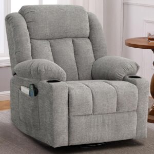 Rocker Recliner Chair for Adults, Overstuffed Large Manual Recliner Swivel Glider with Massage and Heat, Upholstered Soft Fabric Living Room Reclining Sofa Chair (Lime Gray)