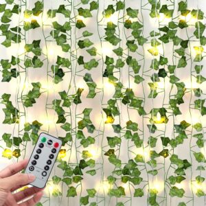 JACKYLED 84Ft 12 Pack Artificial Ivy Garland Fake Plants, Ivy Vines Leaves with CE Certified 80 LED String Lights, Hanging Ivy Lights for Bedroom Garden Party Wall Room Decor