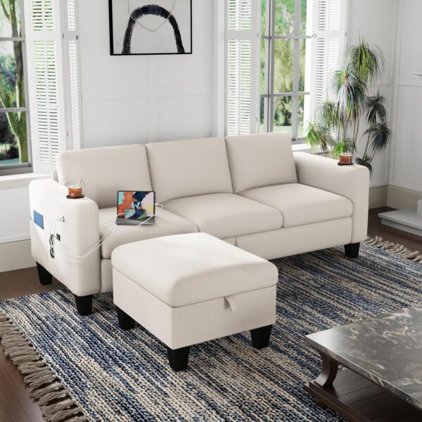 Sunrise Coast Convertible Sectional Sofa Couch, Couches for Living Room, USB+Type C Ports and 2 Cup Holders & Movable Ottoman, 3-Seat L-Shaped Couch for Living Room/Apartment/Small Space, Beige