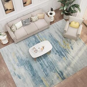 Modern Abstract Area Rug - 5x7 Area Rug Carpet, Non-Slip Non-Shedding Washable Rugs for Living Room and Bedroom, Smoke Navy & Yellow, 5' x 7'