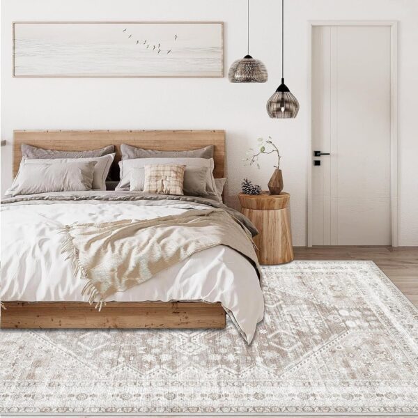 Area Rug Vintage 8x10 Living Room Rug: Large Washable Chenille Print Rug, Traditional Medallion Rug, Non Slip Boho Carpet for Bedroom Dining Table Kitchen Home Office(Beige, 8'x10') - Image 2