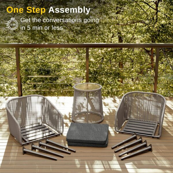 EAST OAK Breezeway Patio Furniture Set, 3-Piece Outside Bistro Set Handwoven Rattan Wicker Chairs with Waterproof Cushions, Tempered Glass Table, Outdoor Conversation Set, Light Grey & Dark Grey - Image 4