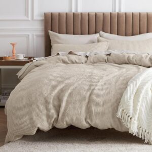 Bedsure Cotton Duvet Cover Queen Size - 100% Cotton Waffle Weave Beige Duvet Cover, Soft and Breathable Queen Duvet Cover Set for All Season (Queen, 90"x90")