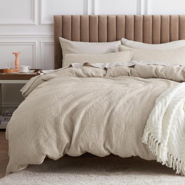 Bedsure Cotton Duvet Cover Queen Size - 100% Cotton Waffle Weave Beige Duvet Cover, Soft and Breathable Queen Duvet Cover Set for All Season (Queen, 90"x90")