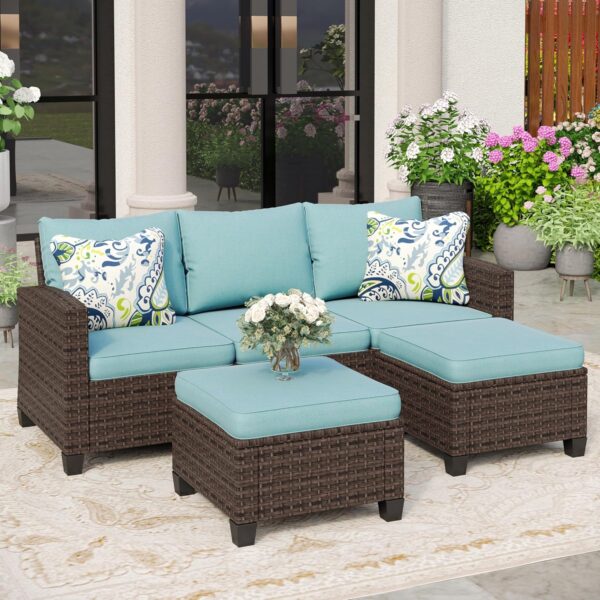 Patio Conversation Set Outdoor Furniture Brown Wicker Rattan Sets with Cushion Sectional Furniture,3 Pieces 5 Seats,Blue - Image 7