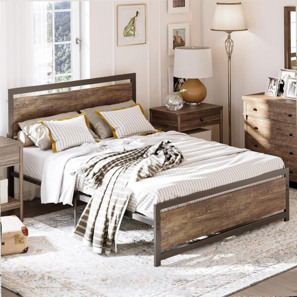 LIKIMIO Full Bed Frame with Headboard and Footboard, Metal Strong Supports, Easy Assembly, Noise-Free, No Box Spring Needed, Walnut - Image 3