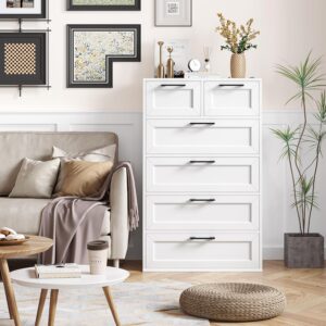 Dresser for Bedroom, White Dresser, Tall Dresser with 6 Drawers, Trapezoidal Design Chest of Drawers, Bedroom, Hallway, Entryway