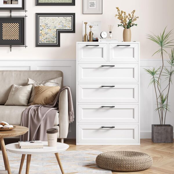 Dresser for Bedroom, White Dresser, Tall Dresser with 6 Drawers, Trapezoidal Design Chest of Drawers, Bedroom, Hallway, Entryway