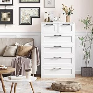 Dresser for Bedroom, White Dresser, Tall Dresser with 6 Drawers, Trapezoidal Design Chest of Drawers, Bedroom, Hallway, Entryway