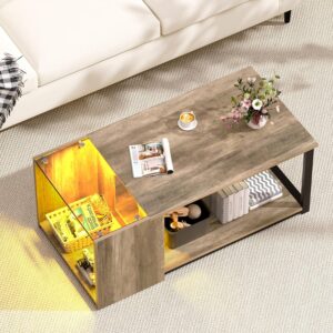 Small LED Coffee Tables for Living Room Center Coffee Table with Storage Tempered Glass Top 35.4 inch Modern Farmhouse Style, Easy Assemble, Grey Wash