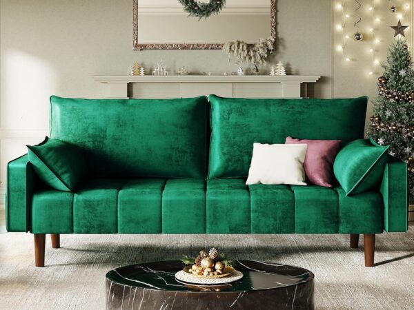 DWVO 70" Loveseat Sofa, Velvet Fabric Sofa Couch for Small Space, Modern Loveseat with Button Tufted Seat and Side Storage Pockect, 3 Seater Couch for Living Room Bedroom, 2 Pillows Included, Green