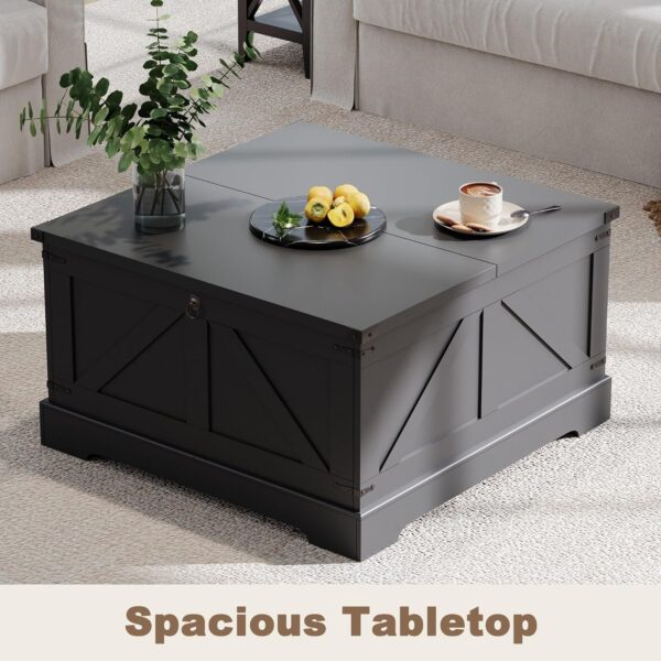 ChooChoo Farmhouse Coffee Table with Hidden Storage, Large Square Center Coffee Table with Lifting Top and Flip Drawer, Wood Rustic Cocktail Coffee Table for Living Room, Black - Image 5