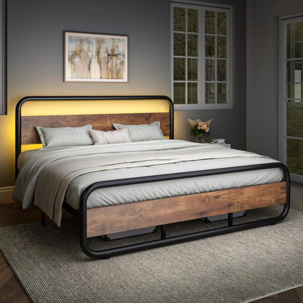 Catrimown King Size Bed Frame, Metal King Bed Frame with LED Headboard and Footboard, Rustic Industrial Heavy Duty Wooden Platform Bed Frame with Under Bed Storage, Noise Free, No Box Spring Needed - Image 3