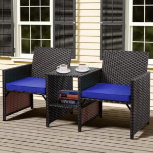 Shintenchi Wicker Patio Conversation Furniture Set with Detachable Chairs & Table and Two Removable Cushions,Rattan Wicker Lover Chair for Patio,Garden, Courtyard and Lawn Backyard (Blue)