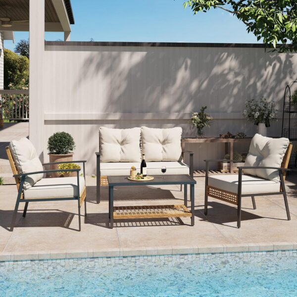 LAUSAINT HOME 4-Piece Patio Conversation Set, Comfortable Oversized Outdoor Furniture Set with Soft Cushion and Storage Metal Coffee Table for Backyard, Porch, Garden and Poolside, Beige - Image 2