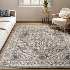 Area Rugs 8x10 Machine Washable, Boho Rug for Living Room Bedroom, Ultra-Soft Non-Slip Stain Resistant Vintage Rugs for for Kitchen Dining Room Office Home Decor, Brown-Lvory