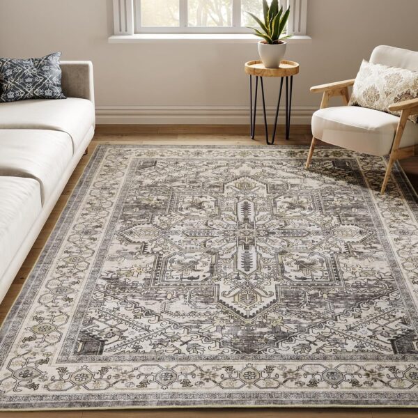 Area Rugs 8x10 Machine Washable, Boho Rug for Living Room Bedroom, Ultra-Soft Non-Slip Stain Resistant Vintage Rugs for for Kitchen Dining Room Office Home Decor, Brown-Lvory
