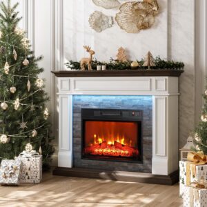 44 Inches LED Electric Fireplace with Mantel, Portable Freestanding Wood Stove Heater, Realistic 3D Dancing Flame LED Effect and Stacked Stone Surround, Remote Control Timer for Living Room
