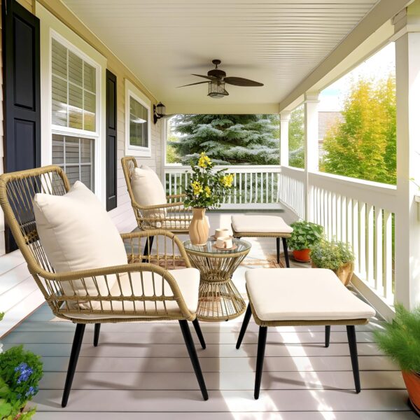 Pamapic Outdoor Patio Bistro Set with Ottoman 5 Piece Rattan Wicker Conversation Chair Sets Balcony Furniture Chairs for Yard Garden Porch Backyard Poolside, Beige - Image 5
