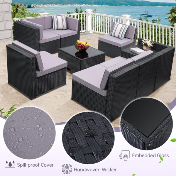 8 Pieces Outdoor Wicker Rattan Patio Furniture Sectional Set, Glass Top Table with Hidden Storage, 7 Sofa Sections, Oversized Cushions, Black Color Rattan with Light Grey Cushion - Image 5