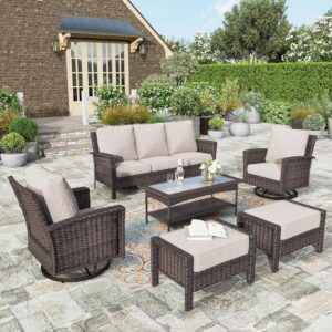 HERA'S HOUSE 6-Piece Wicker Patio Furniture Sets, High Back Swivel Chair with 5.5" Thick Cushions, Oversized Outdoor Sectional Conversation Set for Garden Poolside Backyard, Beige