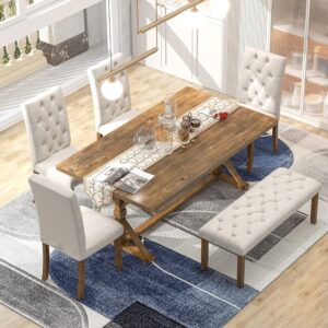 Merax 6 Piece Kitchen Dining Table Set, 72 inch Wooden Rectangular Table with 4 Upholstered Chairs and a Bench, Dining Room Table Set for 6 People, Living Room Furniture(Walnut +Beige)