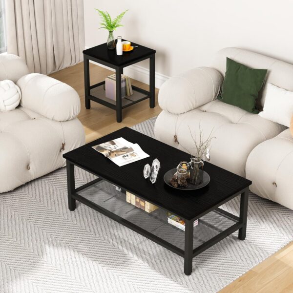 Lamerge 3 Pieces Living Room Table Set, Industrial Coffee Table with 2 Square End Side Tables, Coffee Table Set with Metal Frame for Apartment Home Office, Black - Image 4