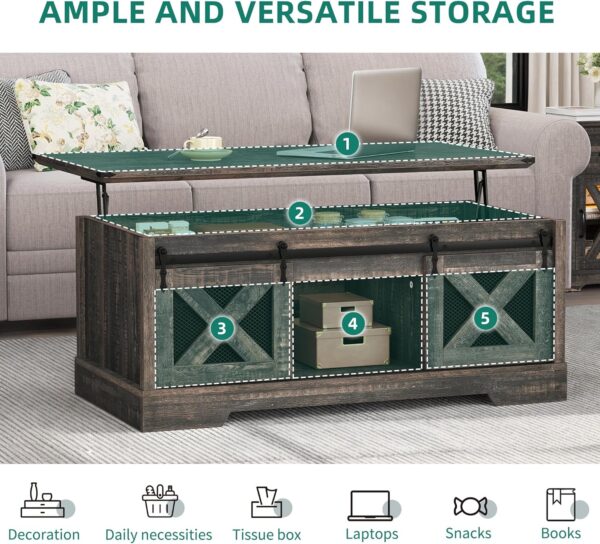 YITAHOME Farmhouse Coffee Table, Lift Top Coffee Table with Storage & Sliding Groove Barn Door,Rustic Coffee Tables for Living Room, Center Table for Living Room, Dark Rustic Oak - Image 6