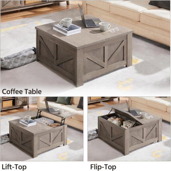 Yaheetech Lift Top Coffee Table, Square Farmhouse Coffee Table with Hidden Storage Compartment, Wood Center Table for Living Room, Home Office, Gray - Image 4