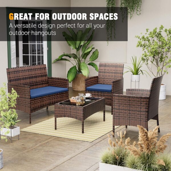 UDPATIO Patio Furniture 4 Pieces Outdoor Wicker Rattan Chair Balcony Conversation Sets Porch Furniture Sectional Loveseat w Cushions and Table for Backyard Pool Garden (Brown-Blue) - Image 5