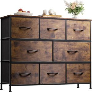 WLIVE Fabric Dresser for Bedroom - Storage Drawer Unit as TV Stand for 32-43 inch TVs - Wide Dresser with 8 Large Deep Drawers for Office, College Dorm, Rustic Brown